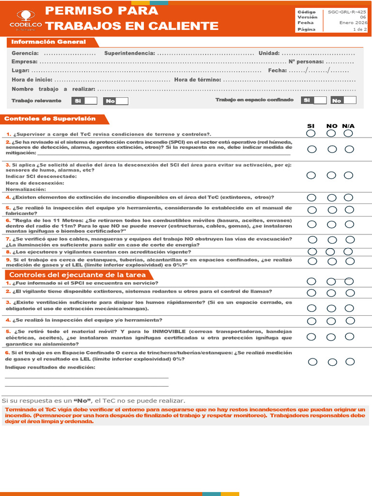 SGC-GRL-R-425 Permiso Trabajo en Caliente | PDF