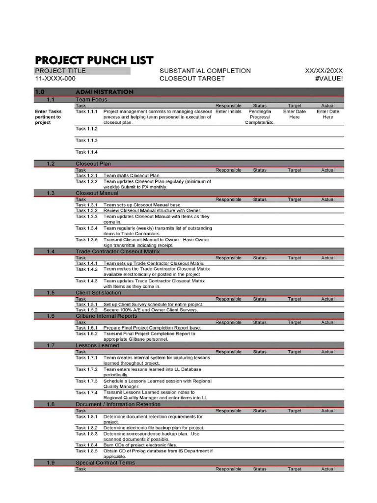 Substantial Completion Closeout List | PDF