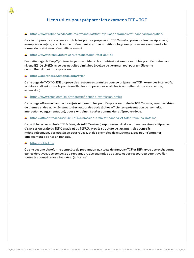 Liens Utiles Pour Préparer Les Examens TEF | PDF