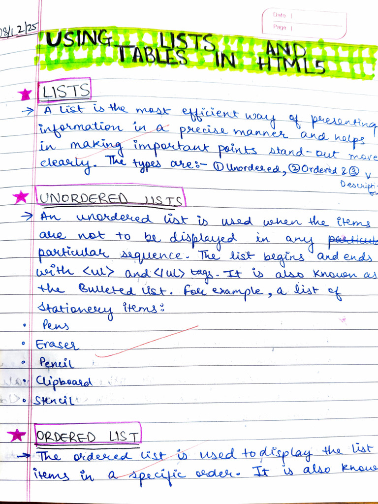 Lists and Tables Notebook Work | PDF