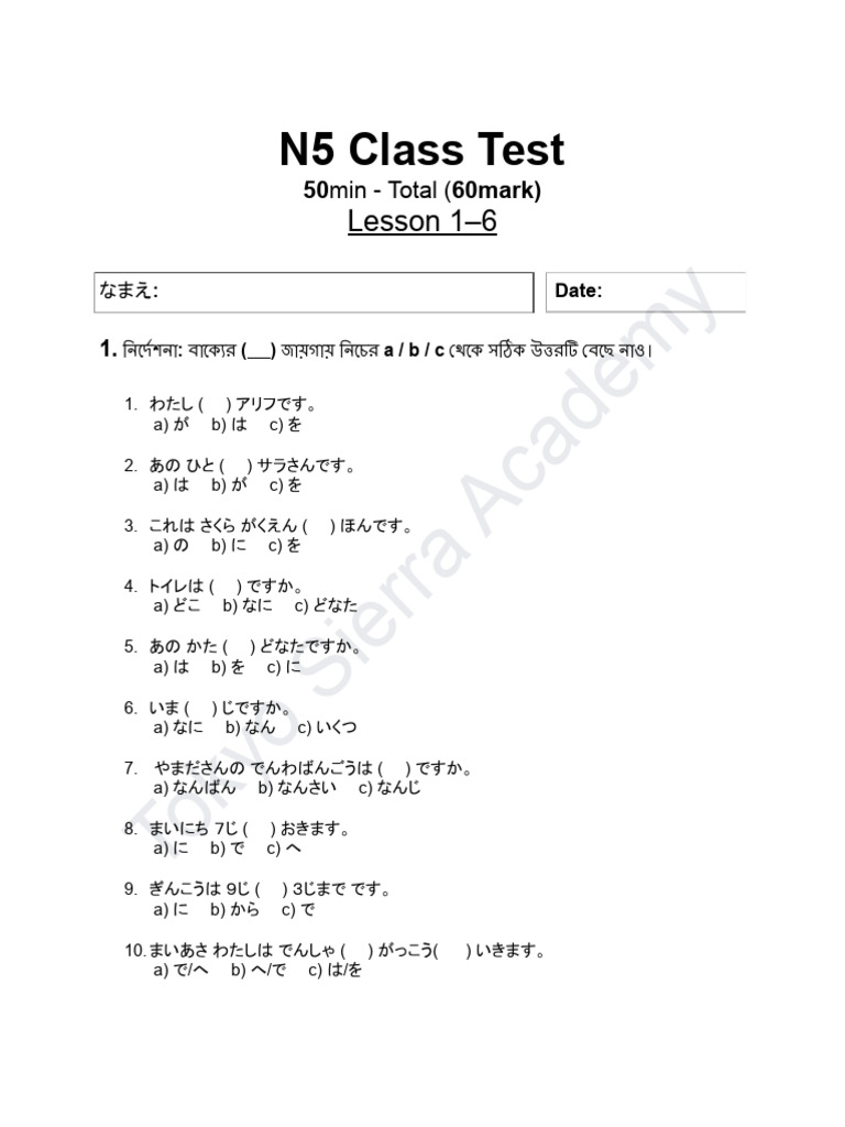 N5 Lesson 1-6 Review Exam | PDF