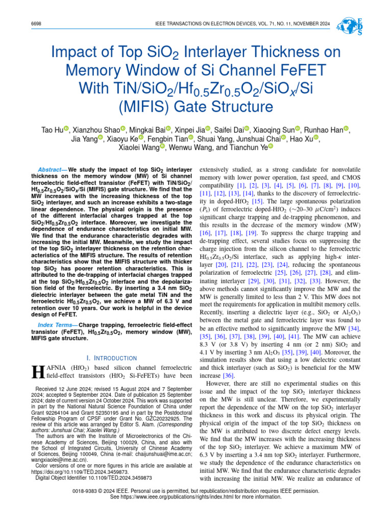 Impact of Top SiO Interlayer Thickness on Memory Window of Si Channel ...