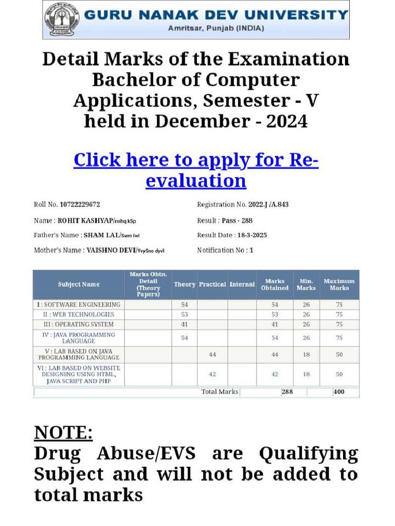 5th Sem Markscard Rohit | PDF