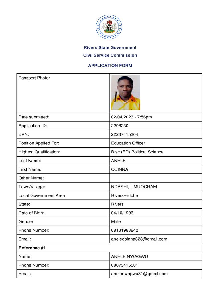 RSCSC - Application ANELE OBINNA | PDF | Government | Authentication