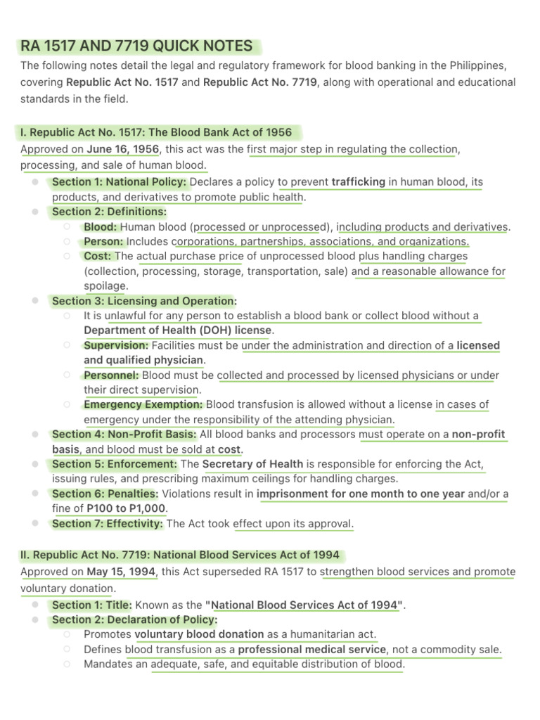 Ra 1517 and 7719 Quick Notes | PDF | Blood Donation | Medical Specialties