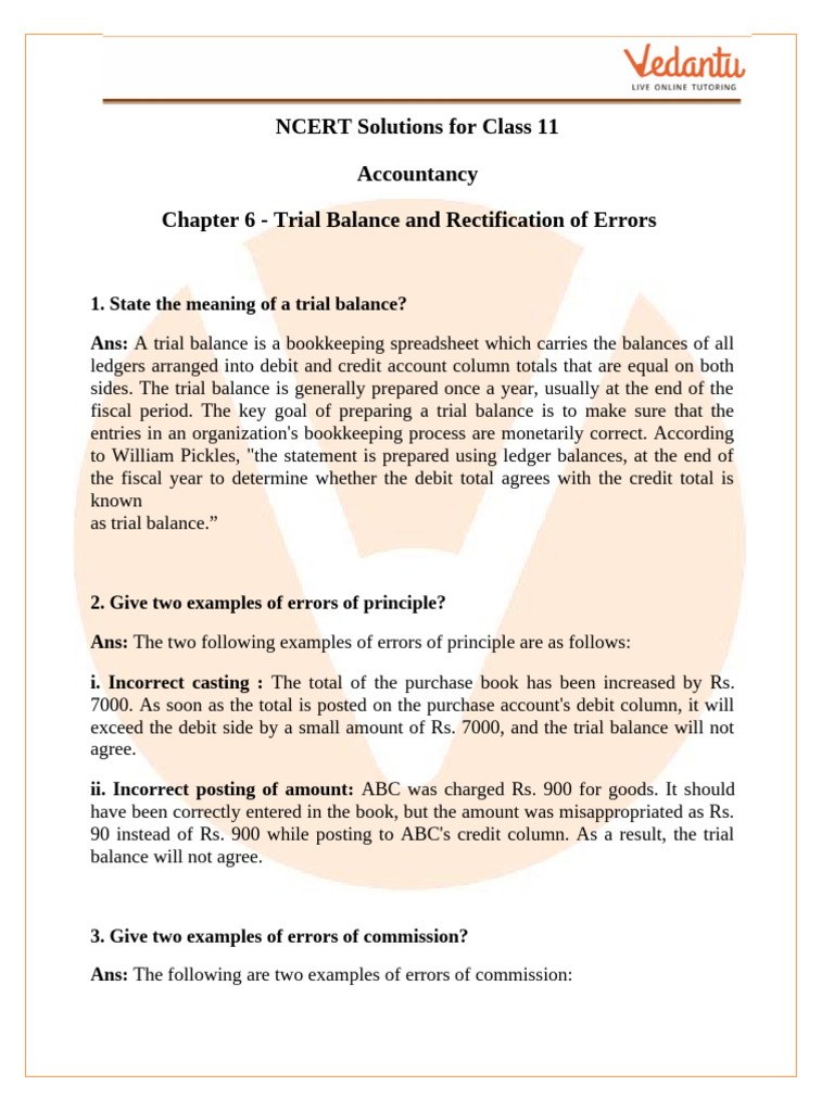 NCERT Solutions For Class 11 Accountancy - Trial Balance and ...