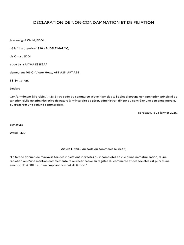 Declaration Non Con Damnation Et Filiation | PDF