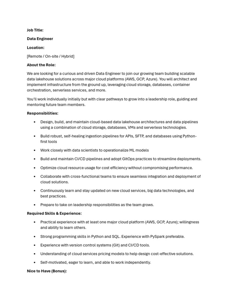 Job Description - Data Engineer | PDF | Cloud Computing | Microsoft Azure