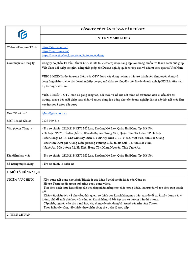 JD Intern Marketing - GTV | PDF