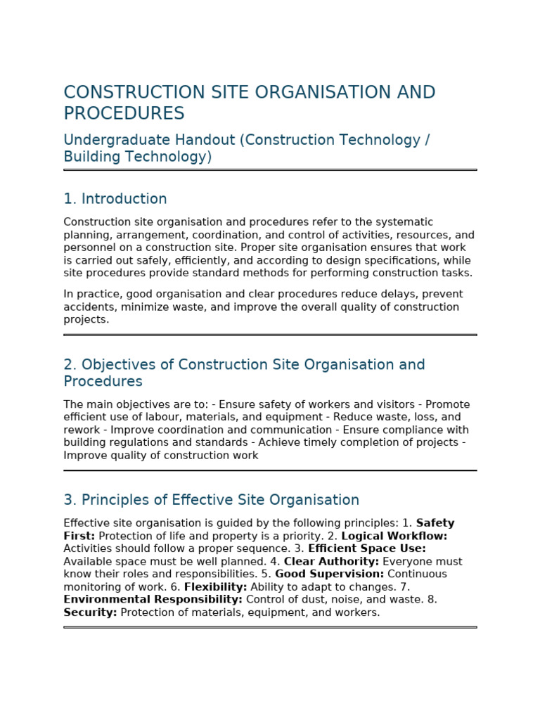 Construction Site Organisation and Procedures - Undergraduate Handout ...