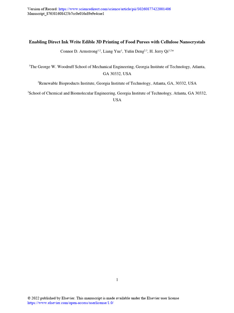 Direct Ink Write Edible 3D Printing of Food | PDF | Rheology | 3 D Printing