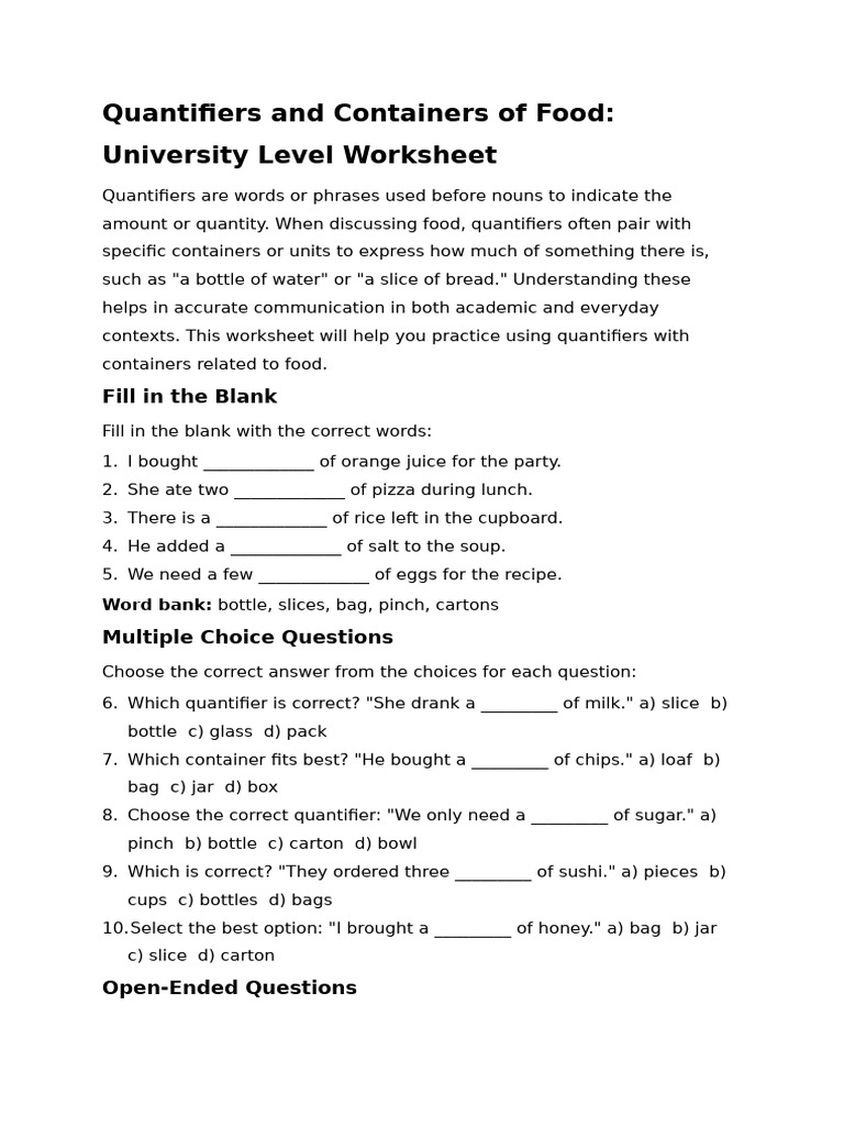 Quantifiers and Containers of Food - University Level Worksheet | PDF