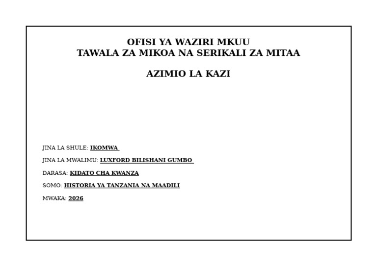 Form 1 Historia Ya Tanzania Na Maadili, Scheme - Cover - Page | PDF