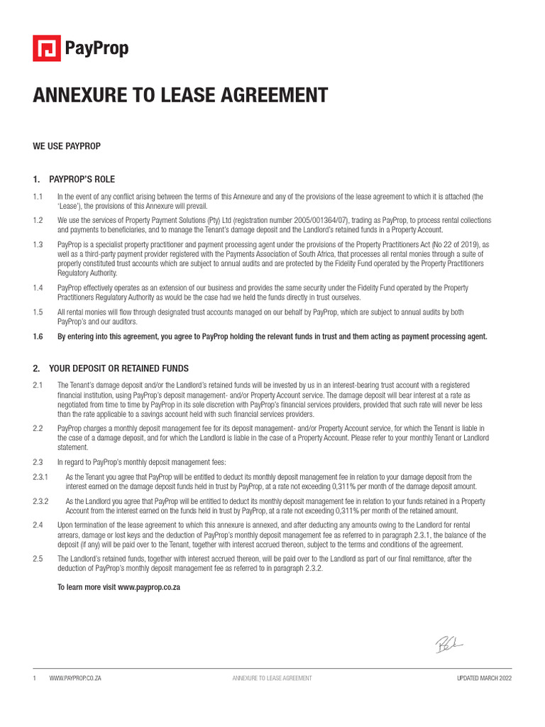 Payprop Annexure Lease Agreement | PDF | Landlord | Lease