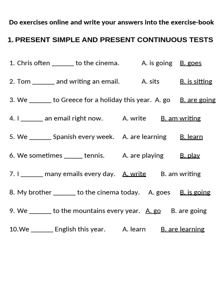 Present Simple and Present Continuous Tests | PDF | Chess Openings | Chess