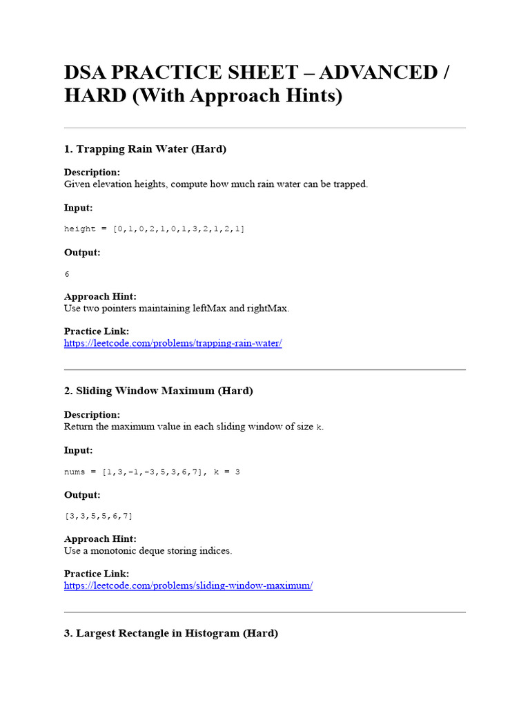 Dsa Practice Sheet - Advanced - Hard (With Approach Hints) | PDF ...