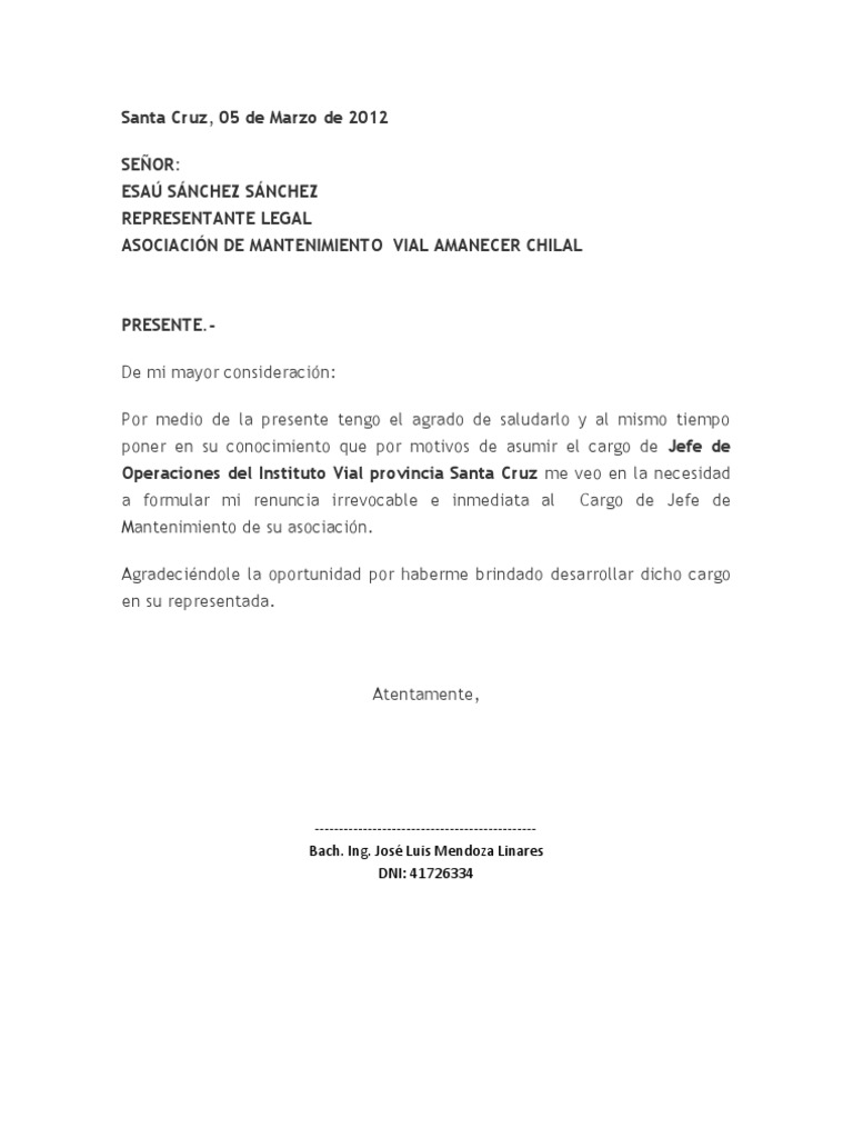Carta de Renuncia  Disturbios  Política (General)