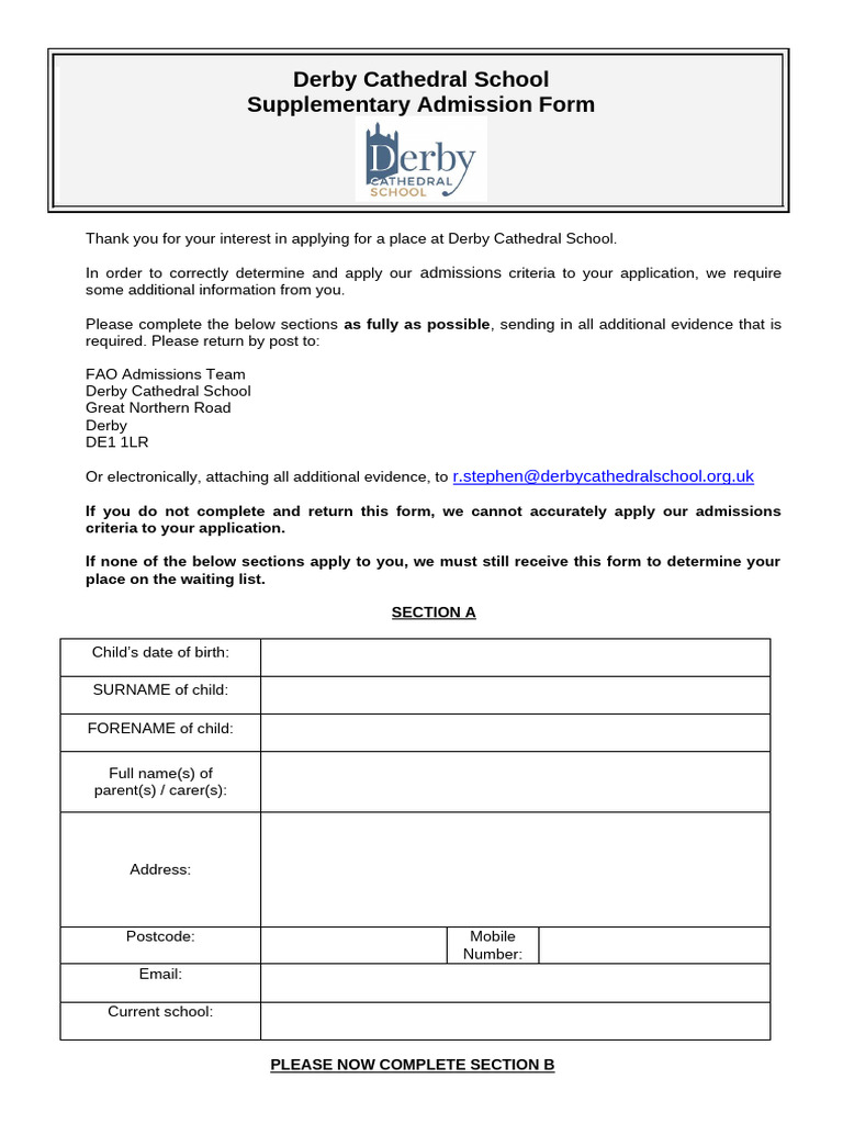 Supplementary Admission Form - Derby Cathedral School (1) (1) | PDF