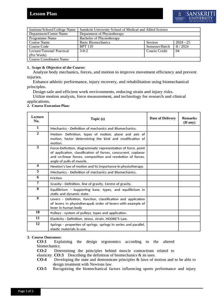 Lesson Plan Basic Biomechanics | PDF | Biomechanics | Force