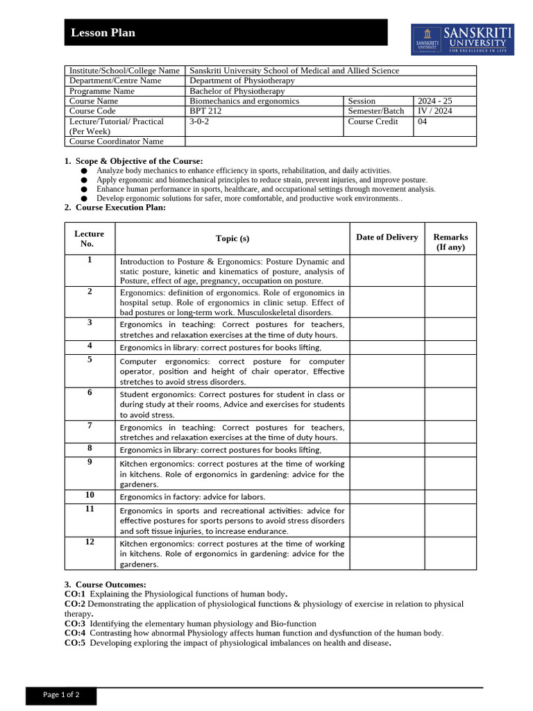 Lesson Plan Biomechanics and Ergonomics | PDF | Biomechanics | Physical ...