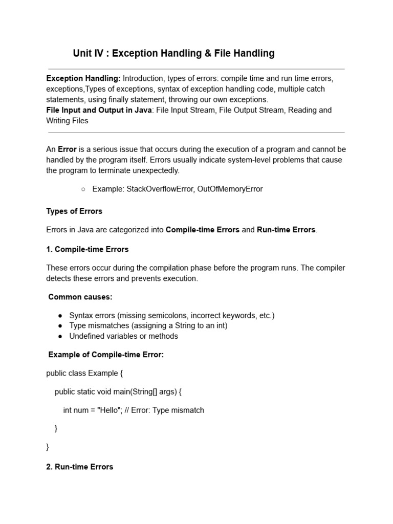Unit IV - Exception Handling & File Handling | PDF | Computer Program ...