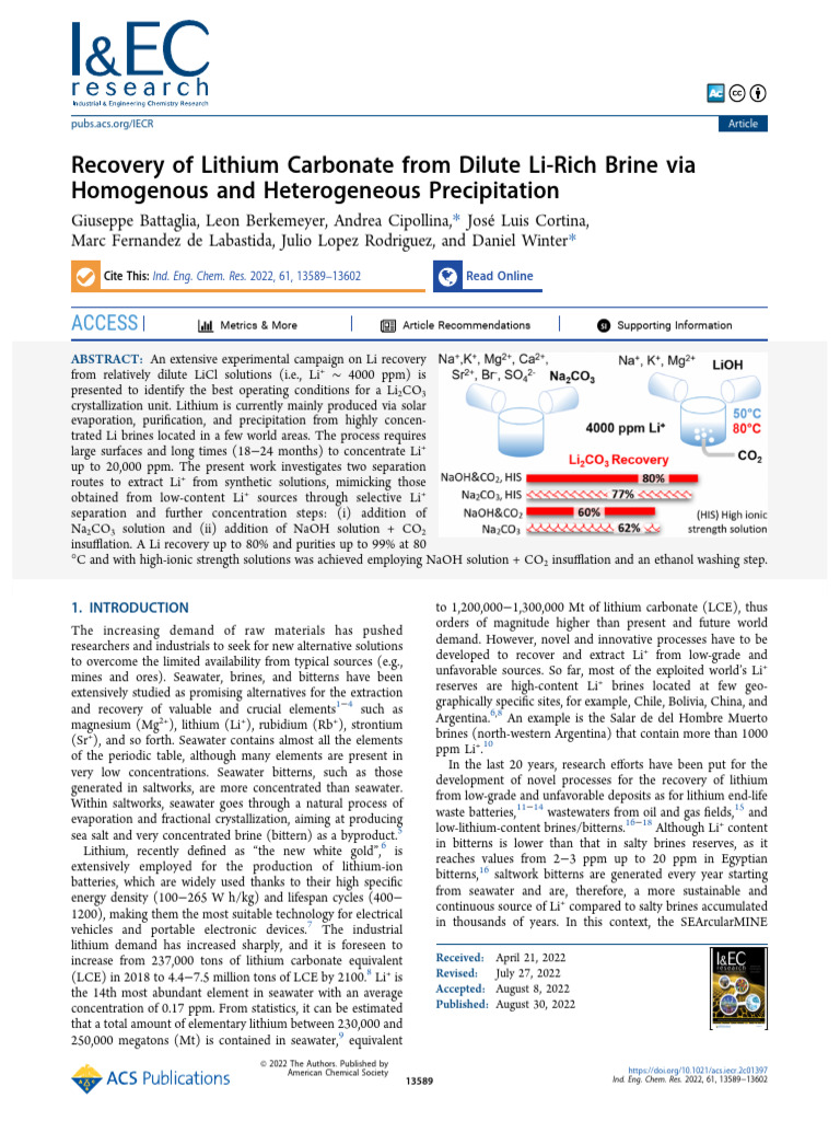 Recovery of Lithium Carbonate From Dilute Li-Rich Brine Via Homogeneous ...