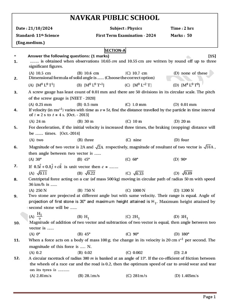 STD 11th Science Physics em 1st Term Exam 21.10.24 | PDF | Friction | Force