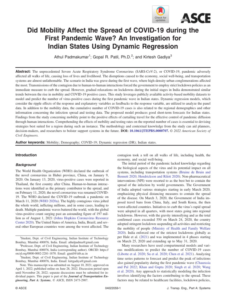 Padmakumar Et Al Did Mobility Affect the Spread of Covid 19 During the ...
