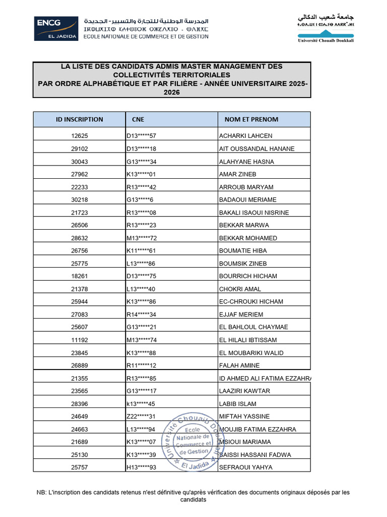 Admis MCT 25 26 | PDF