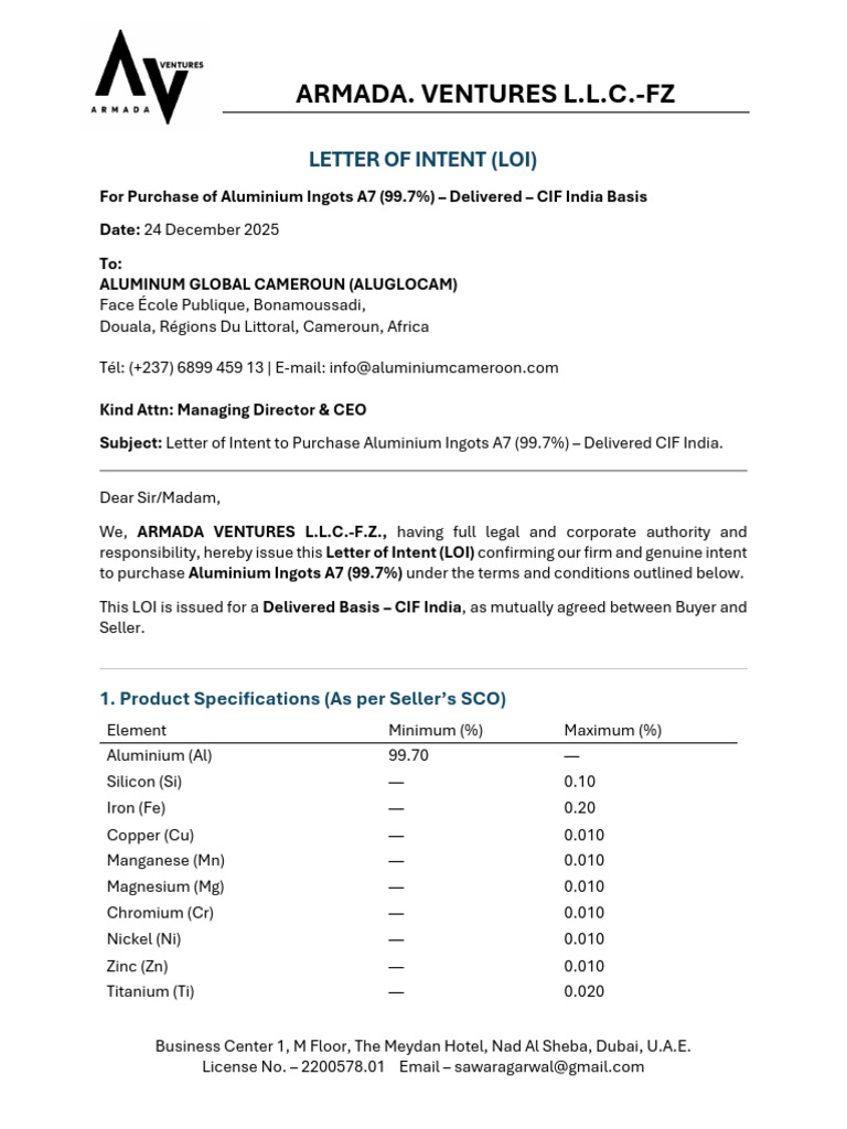 LOI To Aluglocam - 5000MT - Aluminium Ingot Armada Ventures UAE 23 Dec