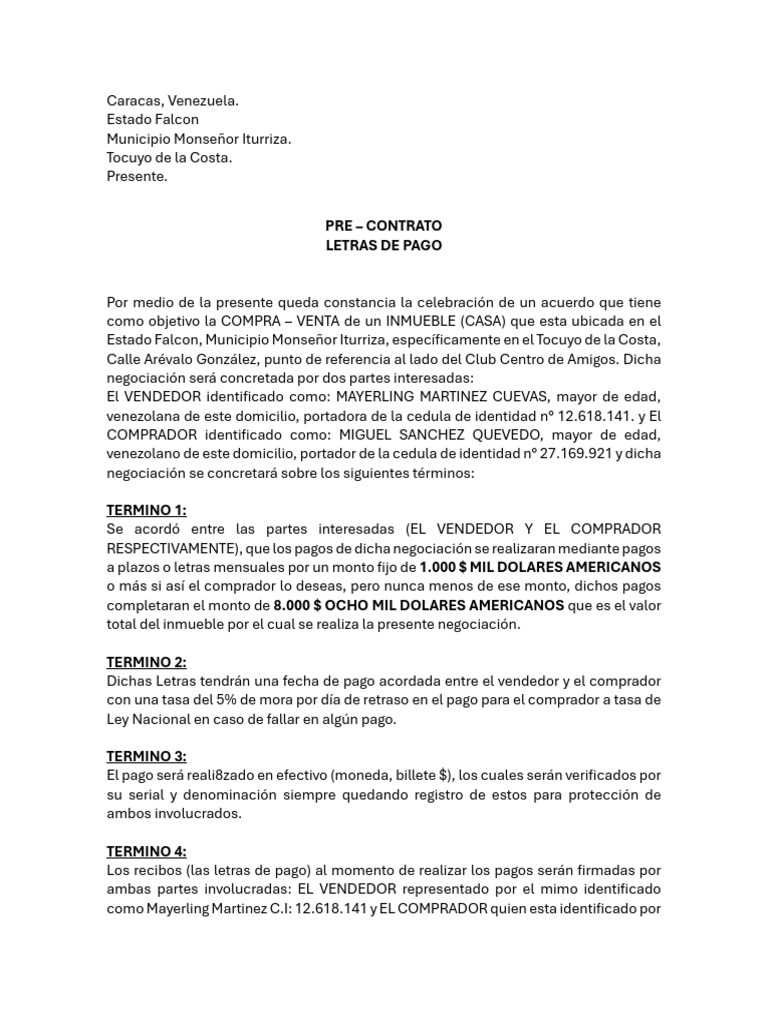 Pre - Contrato Letras de Pago | PDF | Venezuela | Dólar de los Estados ...