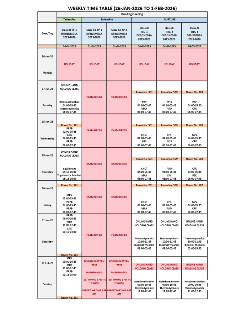 Jee Time Table 26 Jan To 1 Feb | PDF