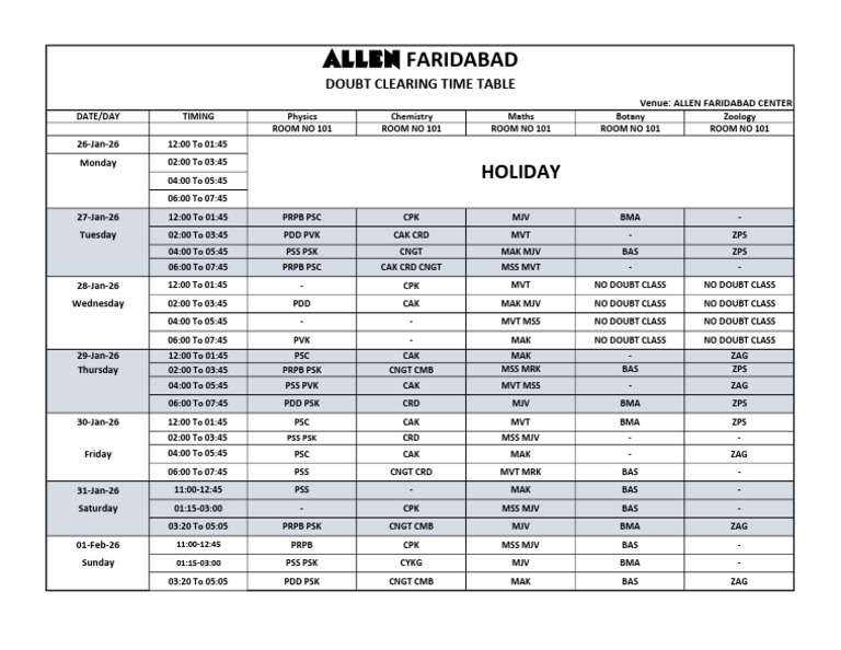 Doubt Clearing Time Table 26 Jan to 1 Feb | PDF