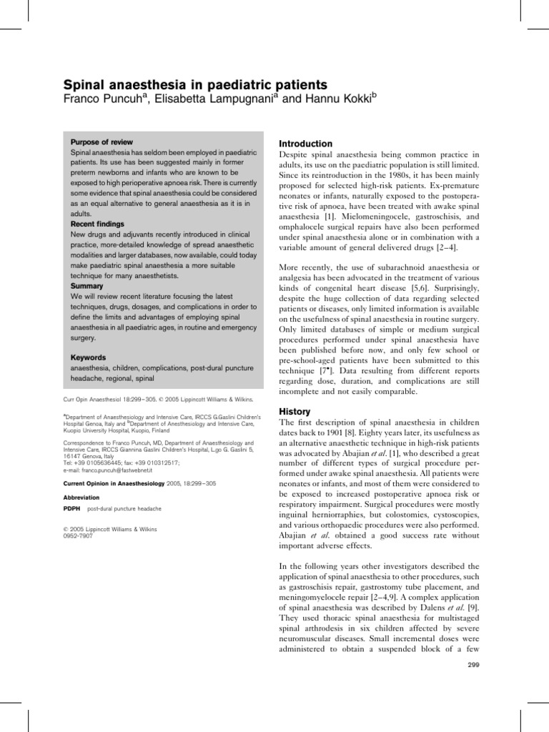 Spinal Anaesthesia in Paediatric | PDF | Anesthesia | Clinical Medicine