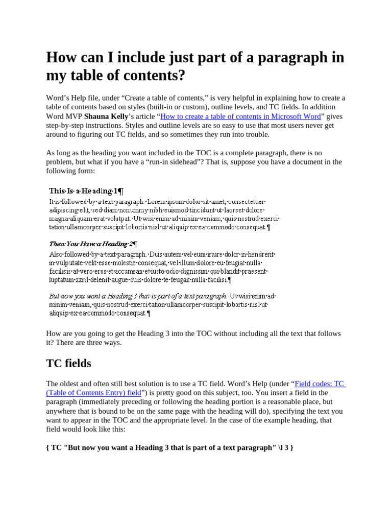 WORD_How Can I Include Just Part of a Paragraph in My Table of Content ...