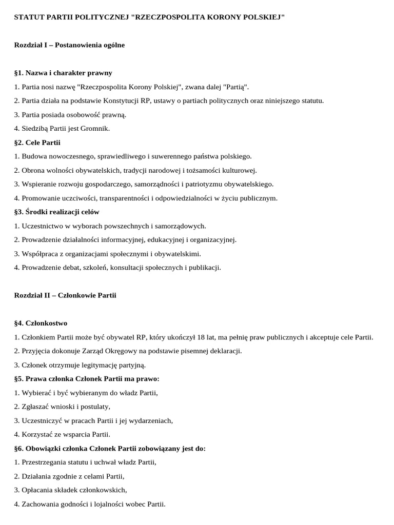 Statut Partii Rzeczpospolita Korony Polskiej | PDF