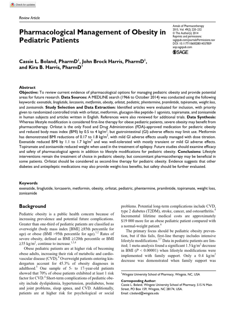 Boland Et Al 2014 Pharmacological Management of Obesity in Pediatric ...