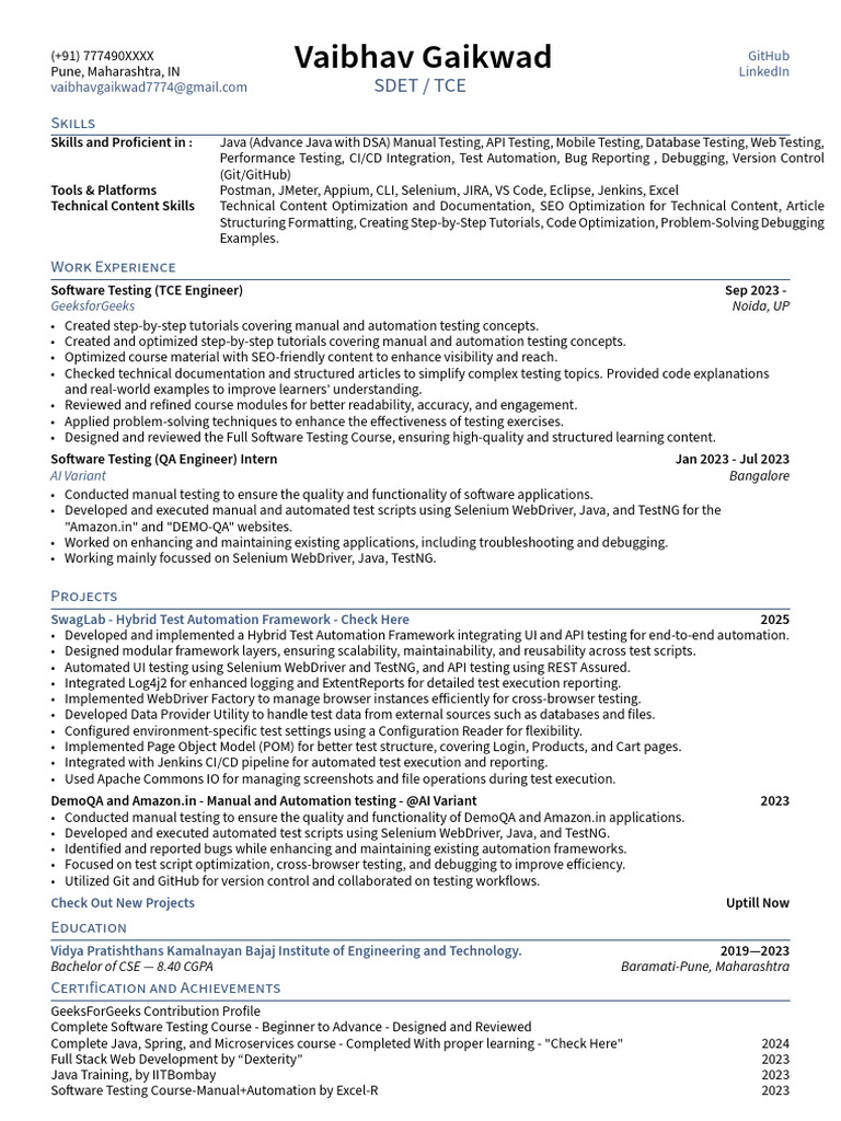 Resume Vaibhav Gaikwad 2025 | PDF | Selenium (Software) | Software Testing