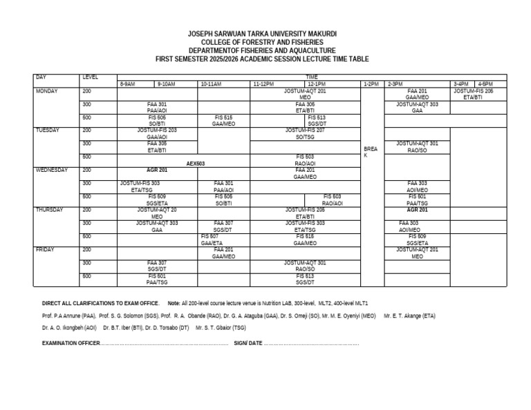 2025-2026 First Semester Lecture Timetable | PDF