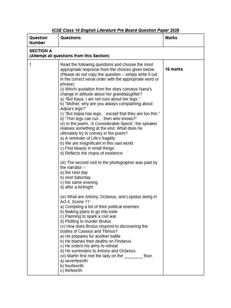 Icse Class 10 English Literature Pre Board Question Paper 2026 ...