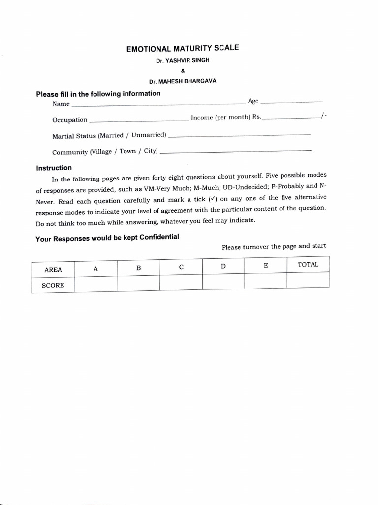 Emotional Maturity Scale | PDF | Psychology | Behavioural Sciences