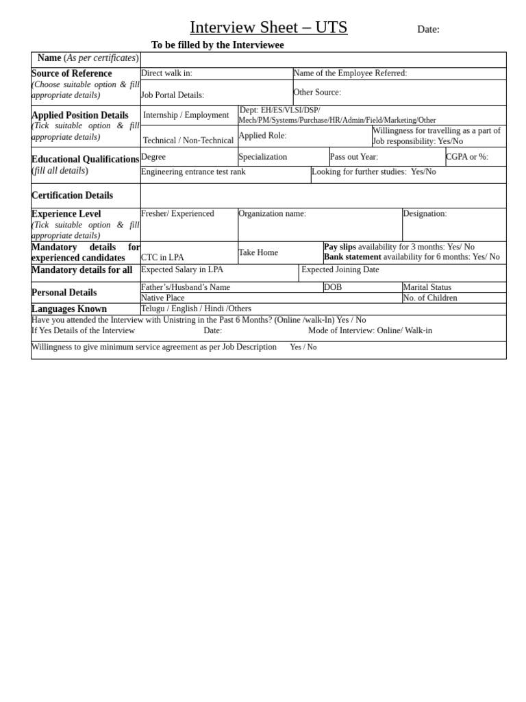 Online Interview Sheet - UTS | PDF