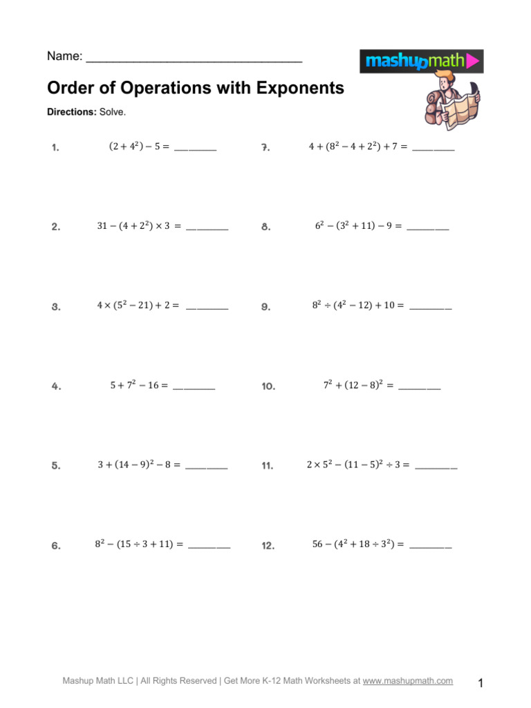 Order of Operations With Exponents (D) | PDF
