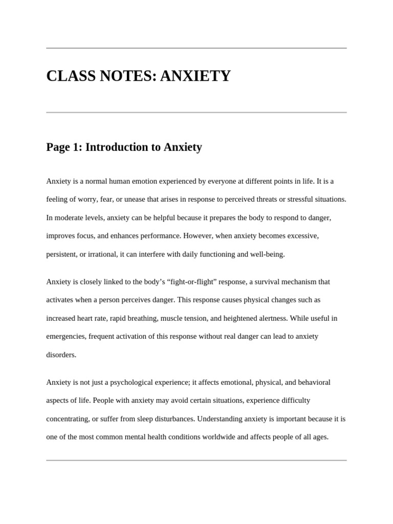 Anxiety Class Note | PDF | Anxiety | Anxiety Disorder