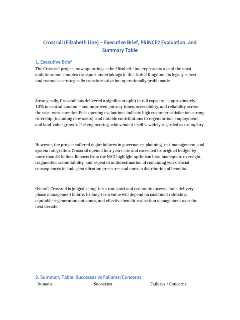 Crossrail Executive PRINCE2 Table | PDF | Risk | Reliability Engineering