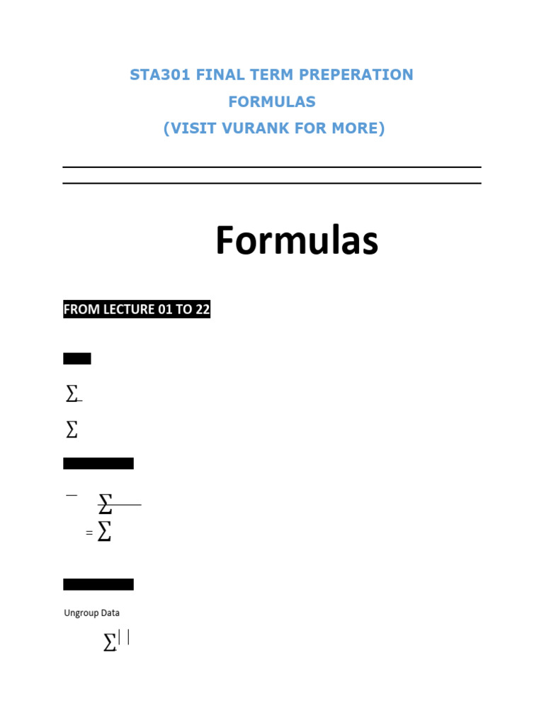 Sta301 Final Term Preperation Formulas | PDF