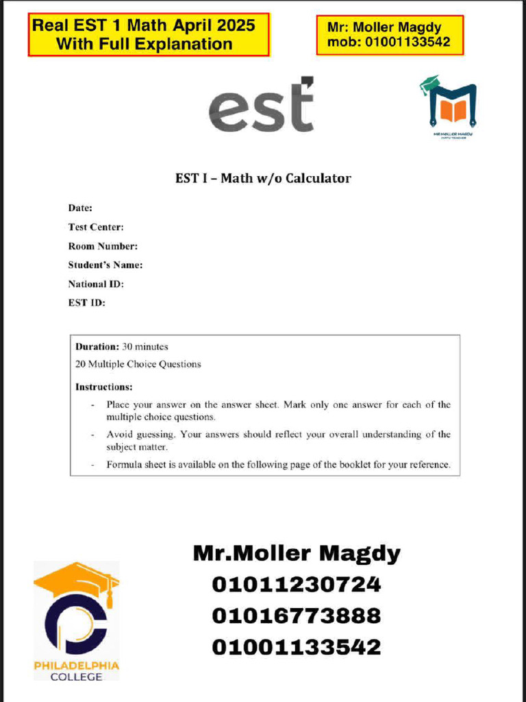 EST I Math APRIL 2025 With Explanation MR Moller Magdy PDF | PDF ...