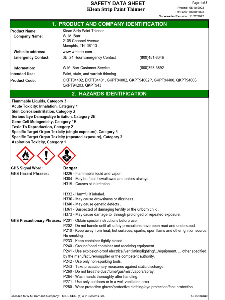GL42KSPT Klean Strip Paint Thinner en | PDF | Personal Protective ...