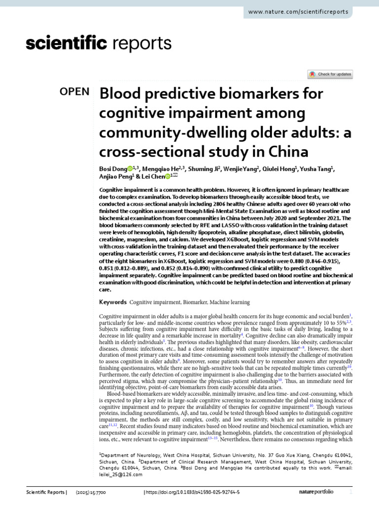 2025 Dong Blood Predictive Biomarkers | PDF | Biomarker | Health Care