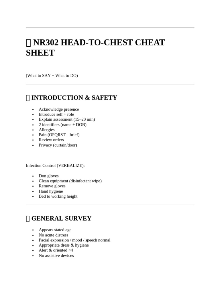 Head-To-Chest Cheat Sheet | PDF | Medicine | Clinical Medicine
